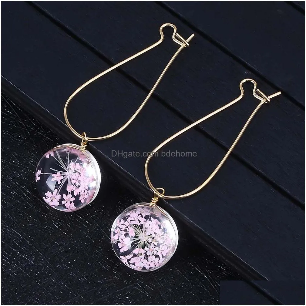 fashion summer flower earring woman fashion dried flowers earrings glass ball pressed flower dangle earing jewelry gift wholesale