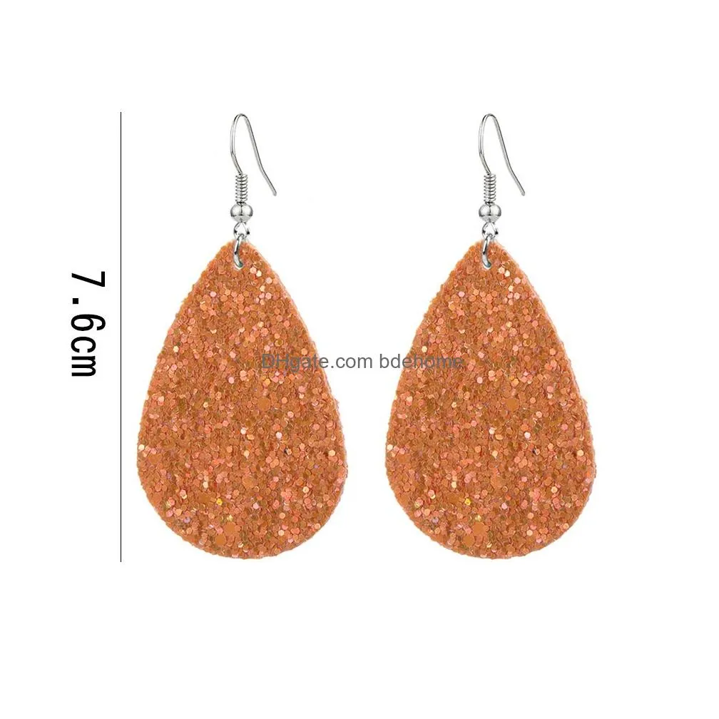 shiny sequins teardrop leather earrings glitter sparkly colorful designer jewelry big statement water drop earrings for women