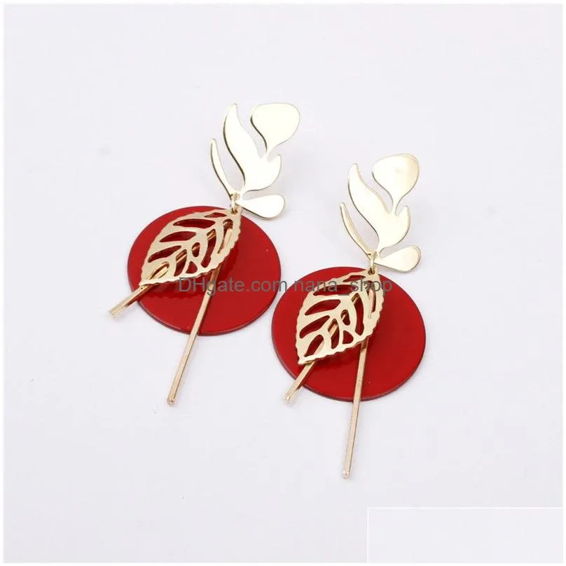 new bohemia round hoop leaf dangle earrings for women girls colorful metal round charms drop earring summer beach jewelry party gifts