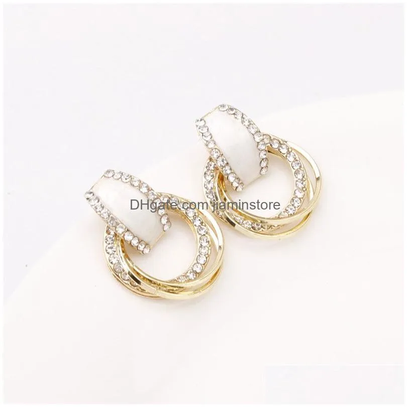 rhinestone crystal hoop earrings elegant korea design 3 circles gold plated for women