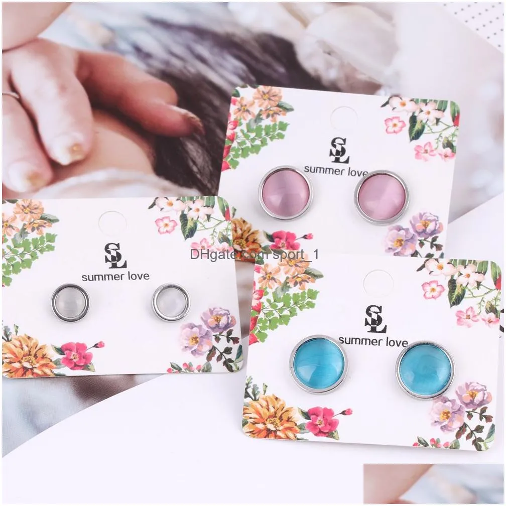 fashion opal earrings stainless steel brief bordered pink round gem stud earring for women accessories pendientes wedding gift