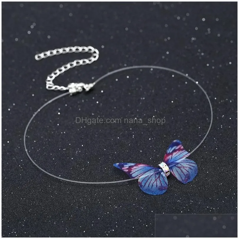 fashion crystal colorful 3d butterfly chokers necklace invisible fish line silk necklaces for elegant women gift wholesale jewelry