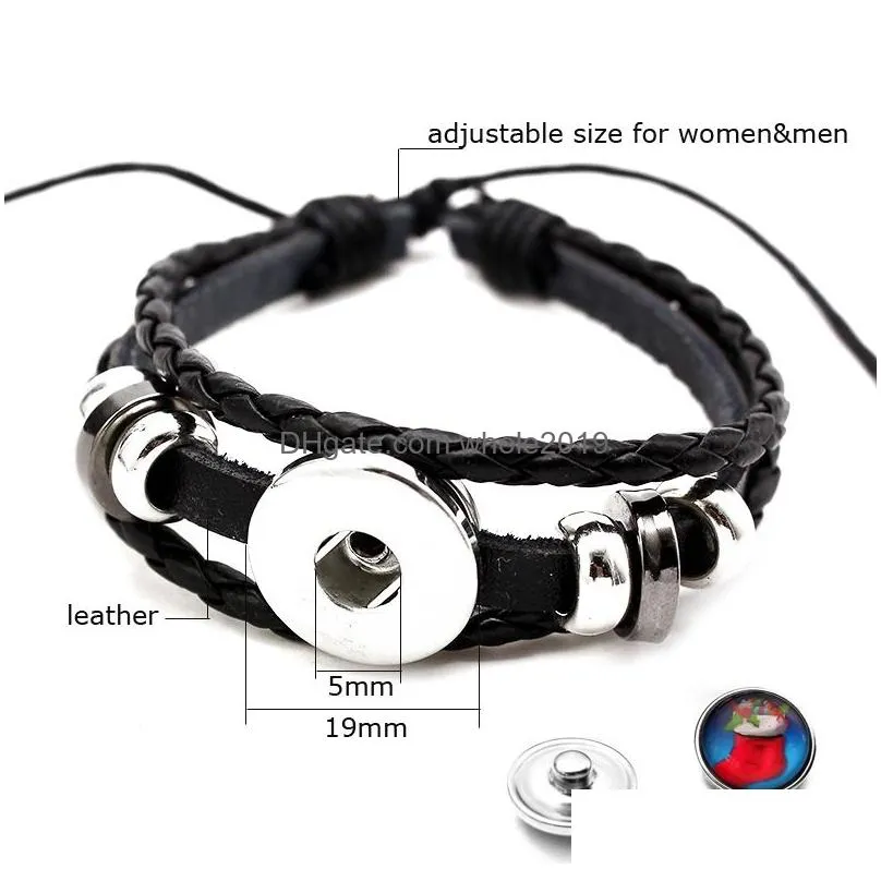 fashion multilayer black leather bracelet fit 5mm metal button adjustable knot beads bracelet diy casual snap button jewelry gifts