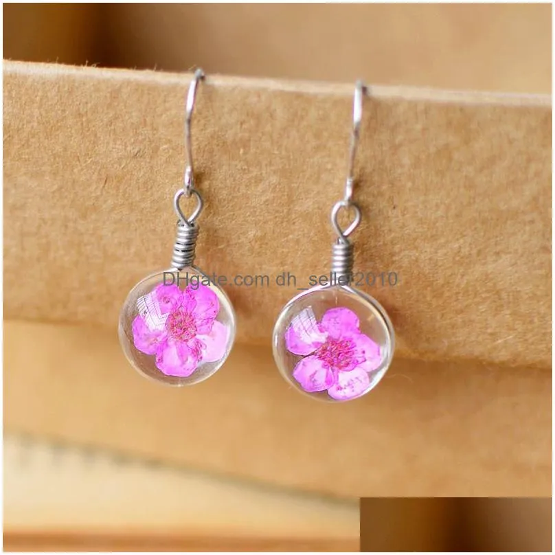 dandelion dried flowers charm earring 6 colors real daffodils flower earrings glass ball pressed dangle earing jewelry gift wholesale