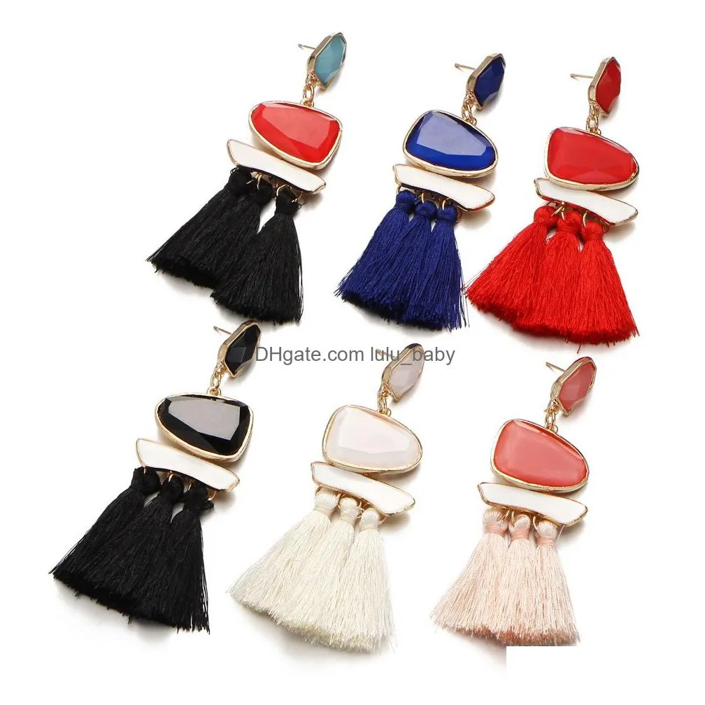 trendy long red tassel fringe drop earrings with crystal stone statement jewelry 6 colors charm tassel earrings for women accessory