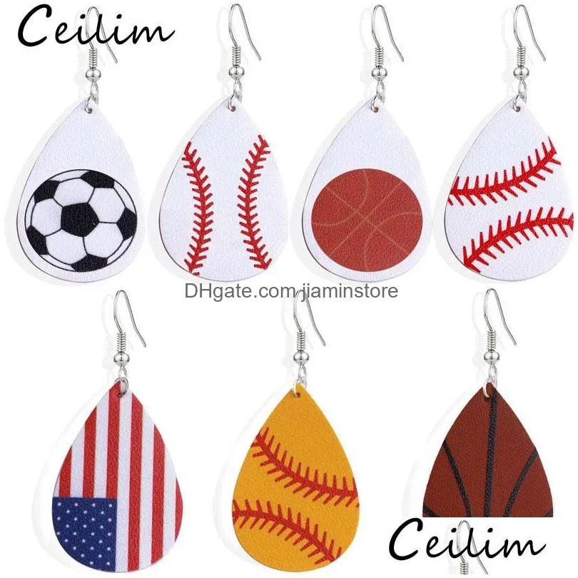 sportthemed pu leather teardrop earrings trendy gift for women baseball basketball football volleyball fans