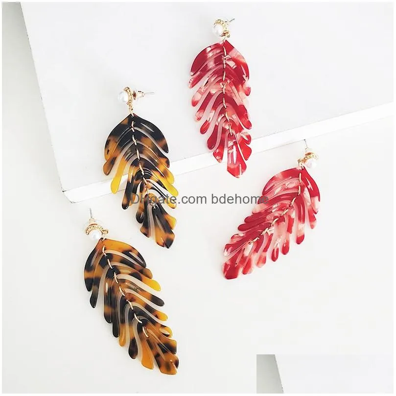 bohemia acrylic leaf dangle earrings for women girls long resin leaves drop earring summer beach jewelry party gifts