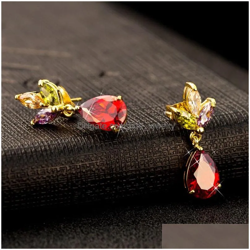 womens cubic zirconia bridal earring elegant gold plated teardrop floral leaf cz dangle earrings crystal rhinestone wedding earring