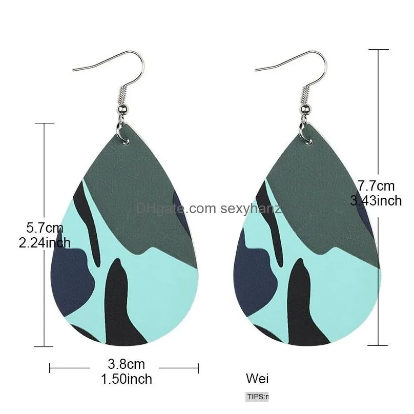 fashion camouflage painted pu leather teardrop dangle earrings for women fashion desiger military soft faux leather water drop