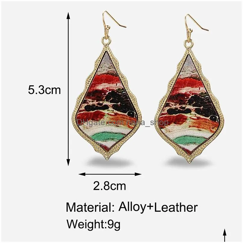 vintage renaissance oil painting leather earring for women geometric leather leaf painting drop earrings hand craft boho jewelry