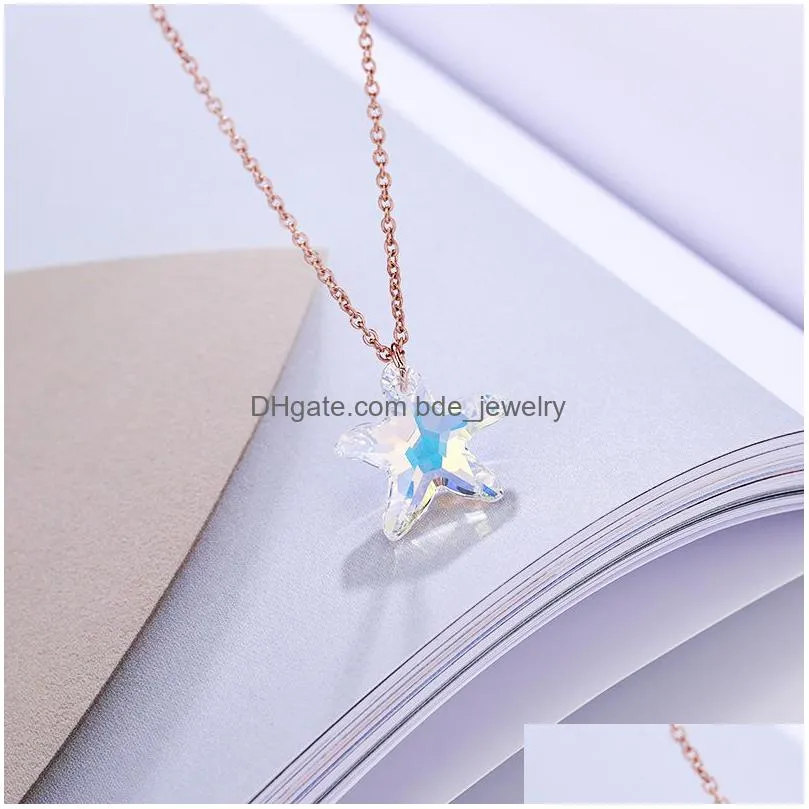 crystal glass starfish pendant necklace for women transparent austrian shining crystal star charm necklace jewlery gifts 2019