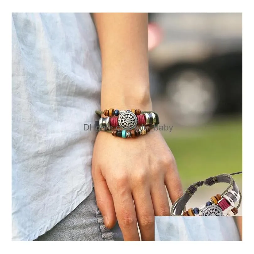 multilayer leather bracelet with sun charms and beads vintage punk style for men and women