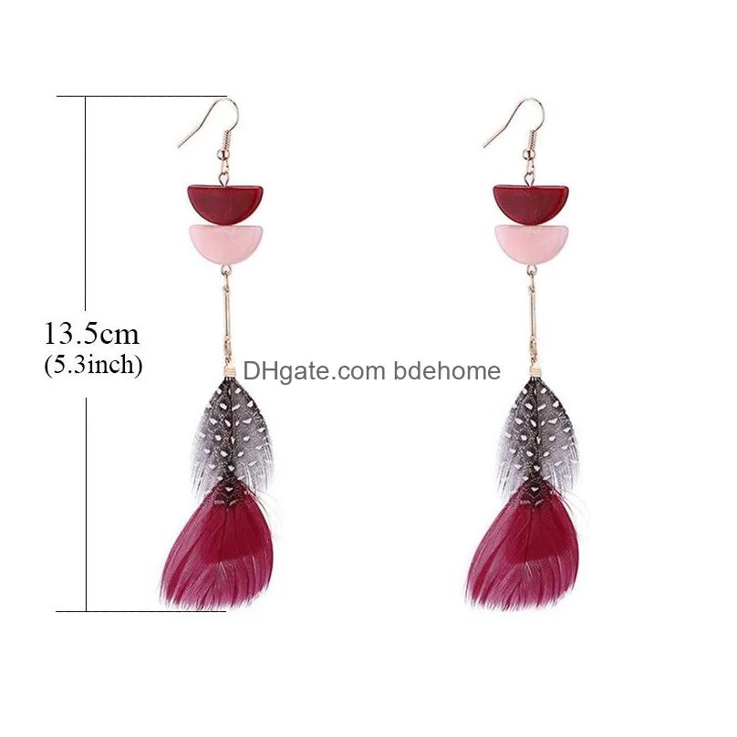 geometry acrylic long feather earrings bohemian colorful feather earring long feather tassel dangle earrings for women 6 colors