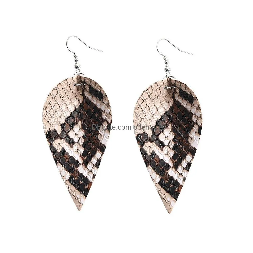 fashion pu leaf leather dangle earrings for women snake skin pattern multi colors leather bohemia double side hook earrings jewelry