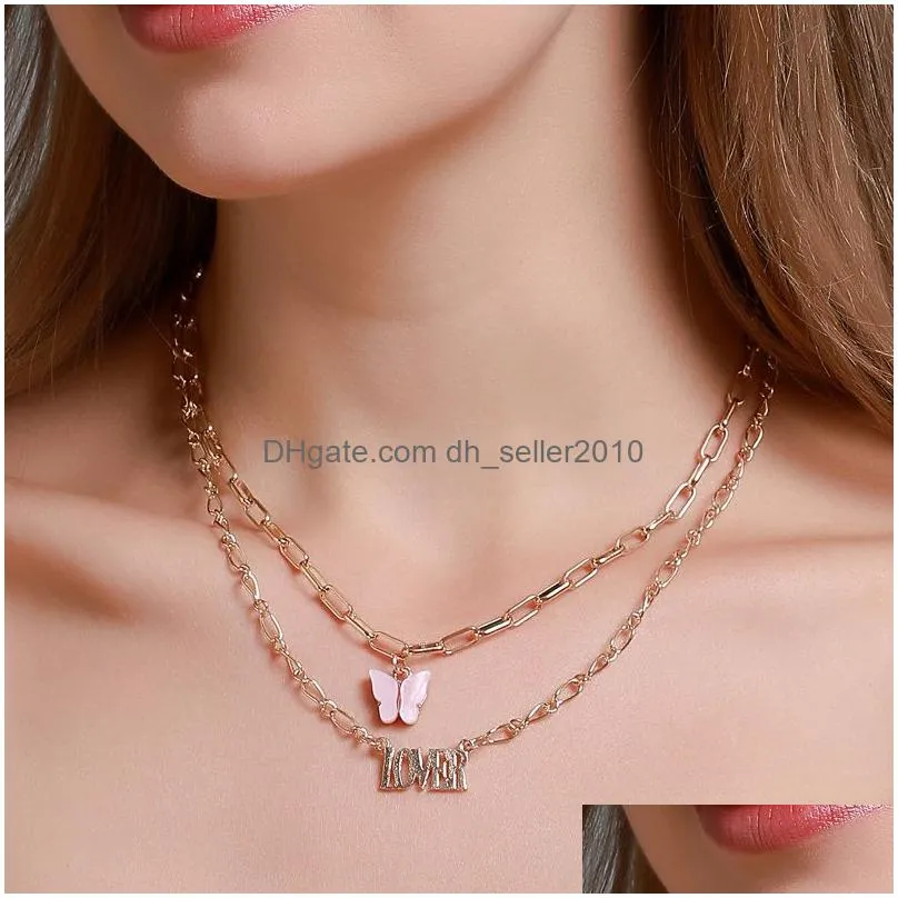 acrylic butterfly layered necklace for girl lady gold link chain necklaces letter babygirl angel pendant initial necklace jewelry