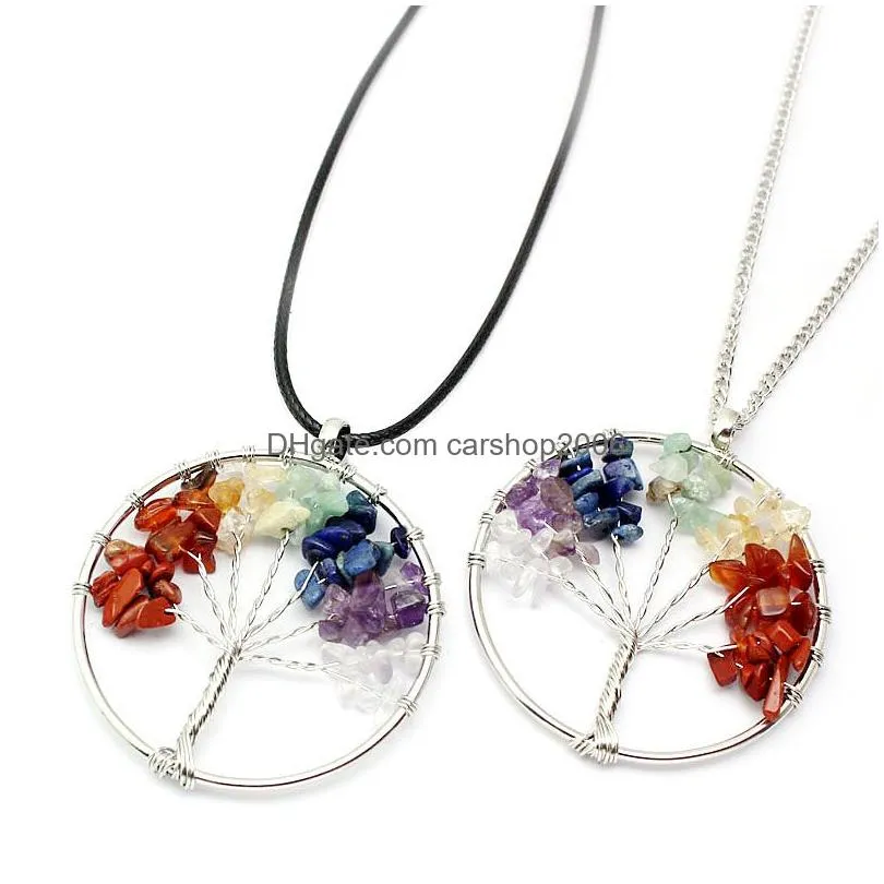 tree of life quartz pendant necklace rainbow 7 chakra multicolor natural stone wisdom tree leather chain necklace for girls