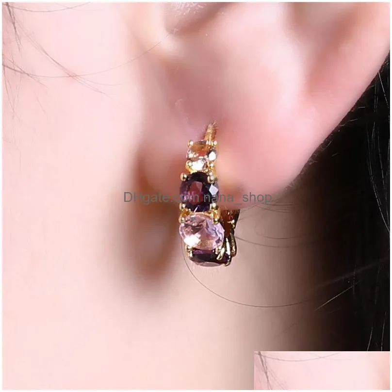 fashion hoop earrings for women gold color plated with pink purple zircon crystal earrings statement jewelry 2019 high quality