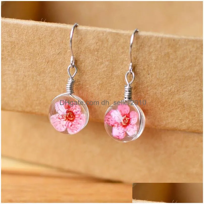 dandelion dried flowers charm earring 6 colors real daffodils flower earrings glass ball pressed dangle earing jewelry gift wholesale