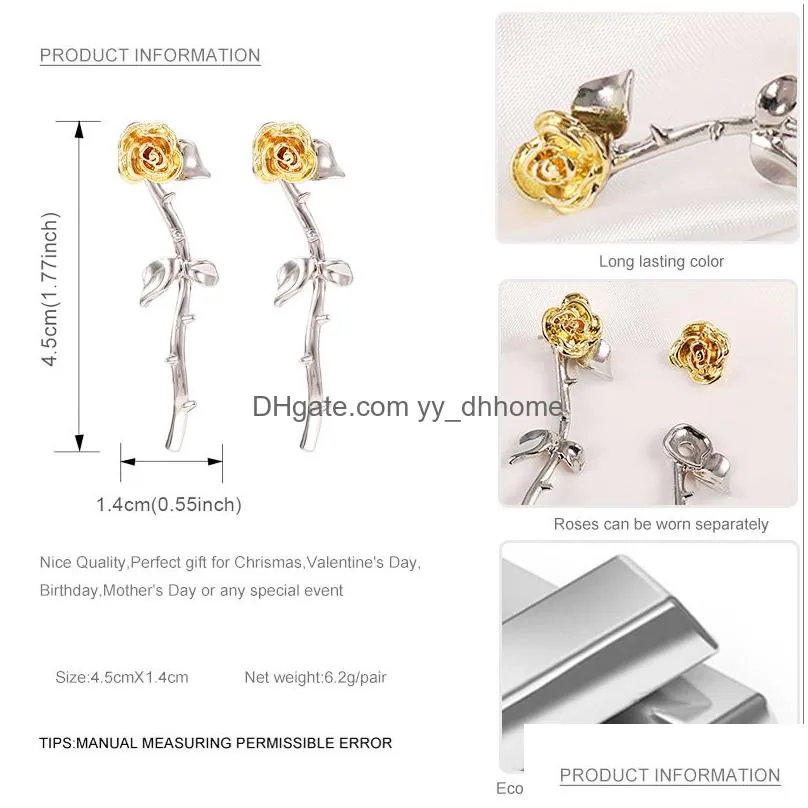 2019 fashion romantic rose flower stud earrings for women gold silver rose creative detachable earrings simple cute party jewelry gift