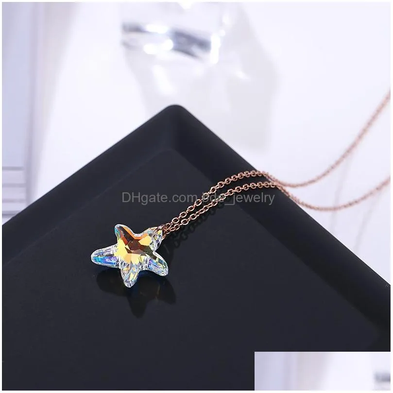 crystal glass starfish pendant necklace for women transparent austrian shining crystal star charm necklace jewlery gifts 2019