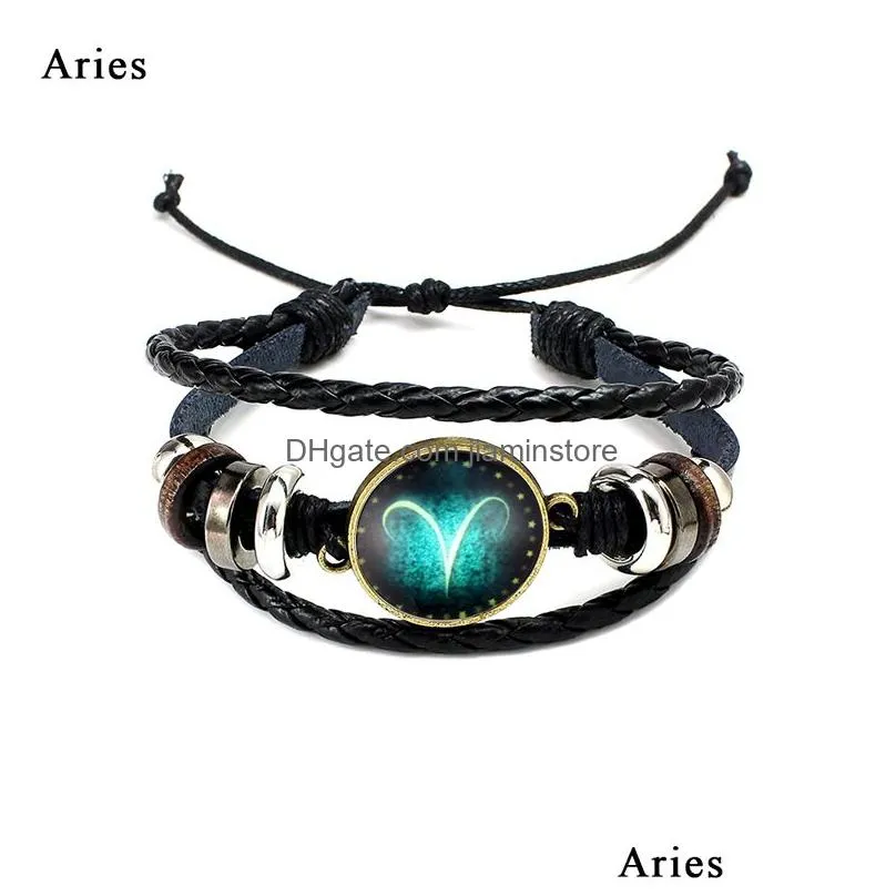 new fashion jewelry design twelve constellations leather bracelets retro handwoven beads diy zodiac bracelet for women men gifts