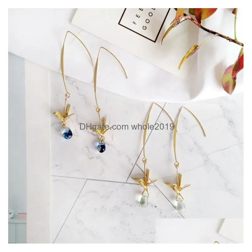 handmade crystal earrings little bird blue water drop long dangle earring with paper crane charm 2019 korean fashion wholesale