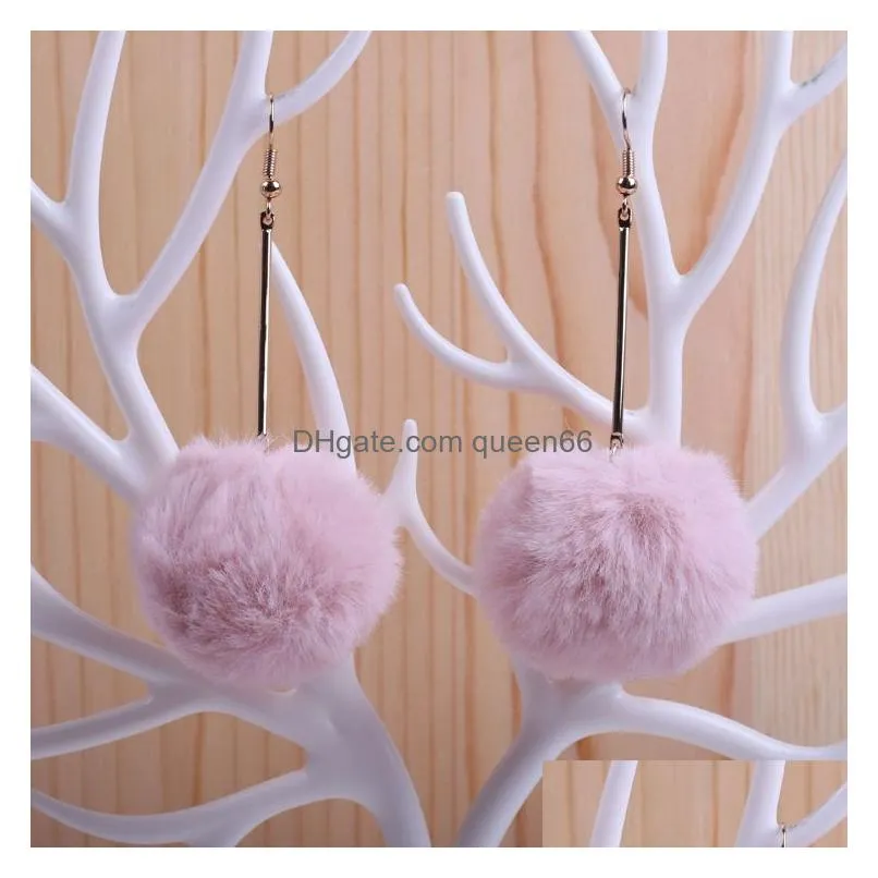 korean sweet pink plush ball earrings imitation rabbit fur ball soft fur ball lovely gold metal dangle earring pom pom cute stud