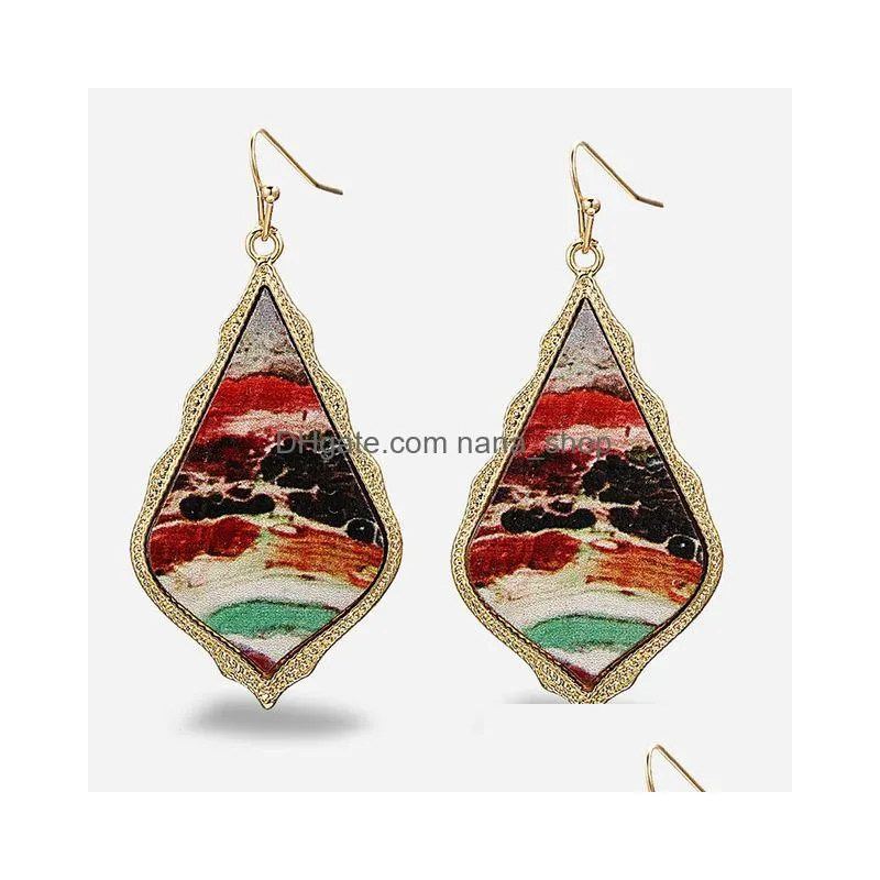 vintage renaissance oil painting leather earring for women geometric leather leaf painting drop earrings hand craft boho jewelry