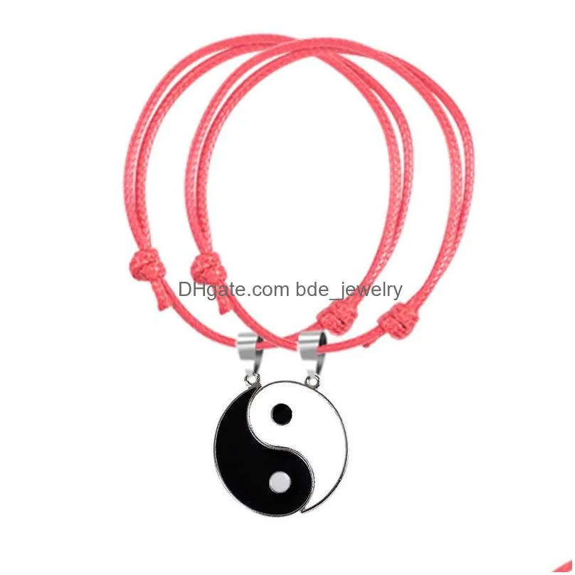 2 pcs/lot vintage adjustable rope couple bracelet hand jewelry yin yang charms bracelets black white red handmade jewelry