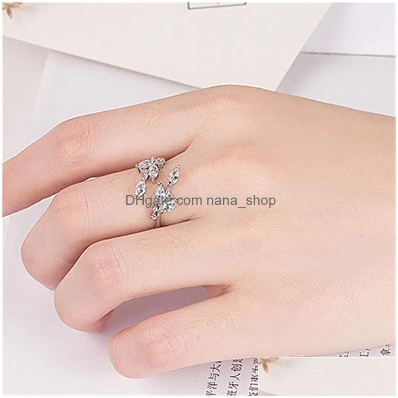 korean zircon leaves adjustable rings gold rose gold color open finger ring wedding rings wholesale for women girls jewelry party