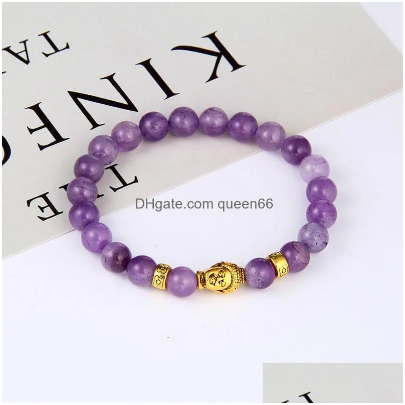 8 mm round beads bracelet gold buddha natural amethysts purple quartz stone bracelet for women stretch energy bracelet 2017 new