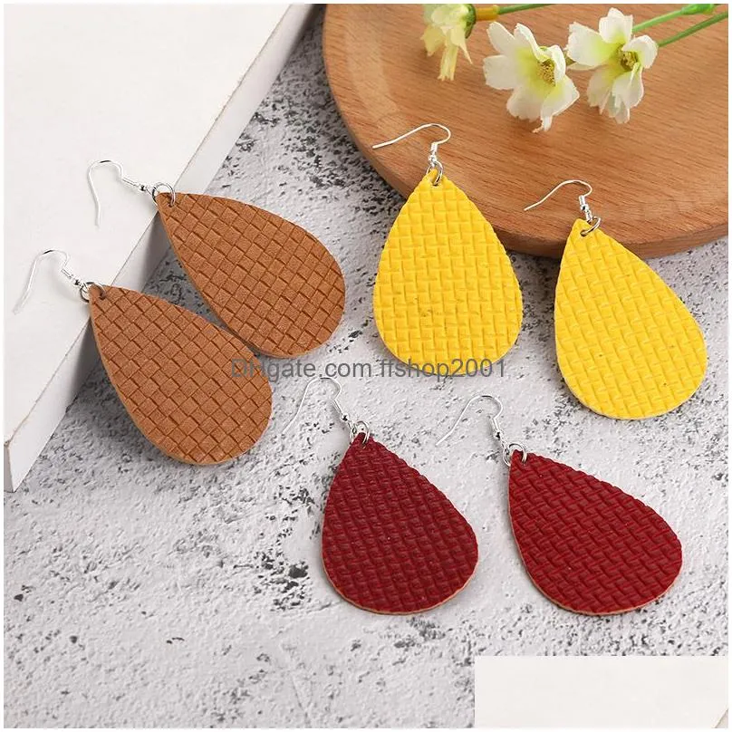  weave pattern teardrop leather earrings for women bohemian rhombus lattice colorful statement light weight oval earring jewelry