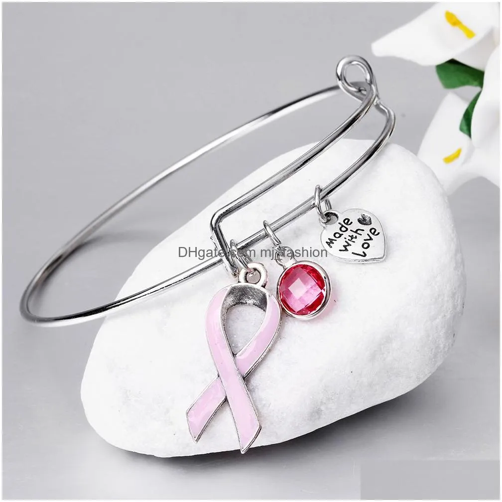 new pink ribbon breast cancer awareness survivor charm bracelet expandable wire bangle bracelet courage hope gift for women wholesale