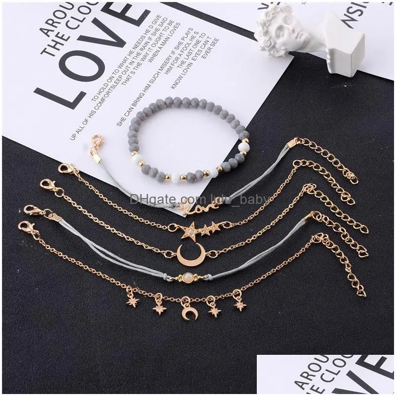 bohemian 6 pcs/set love star moon charm bracelets for women crystal beaded blue weave rope bracelets summer beach jewelry accessories