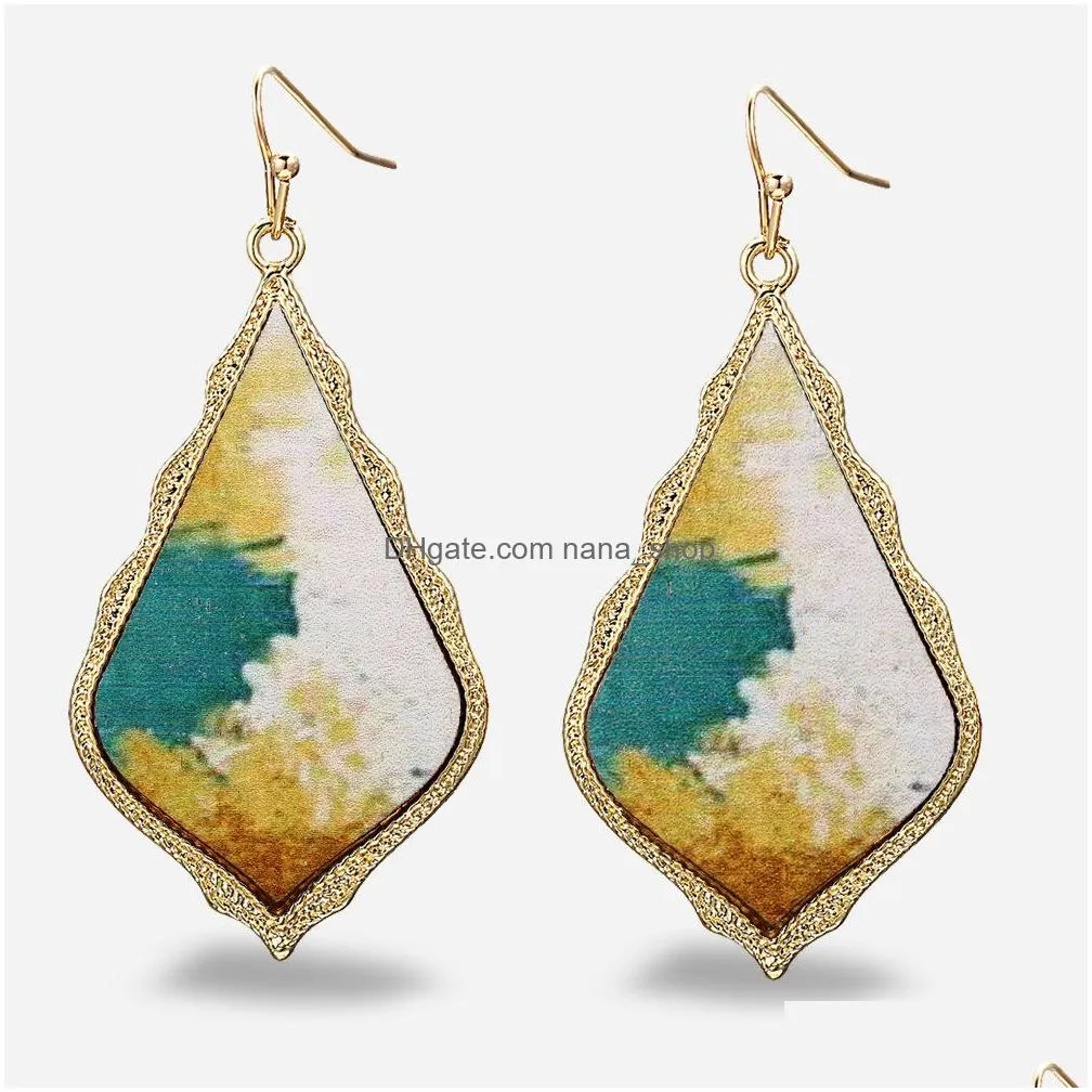 vintage renaissance oil painting leather earring for women geometric leather leaf painting drop earrings hand craft boho jewelry