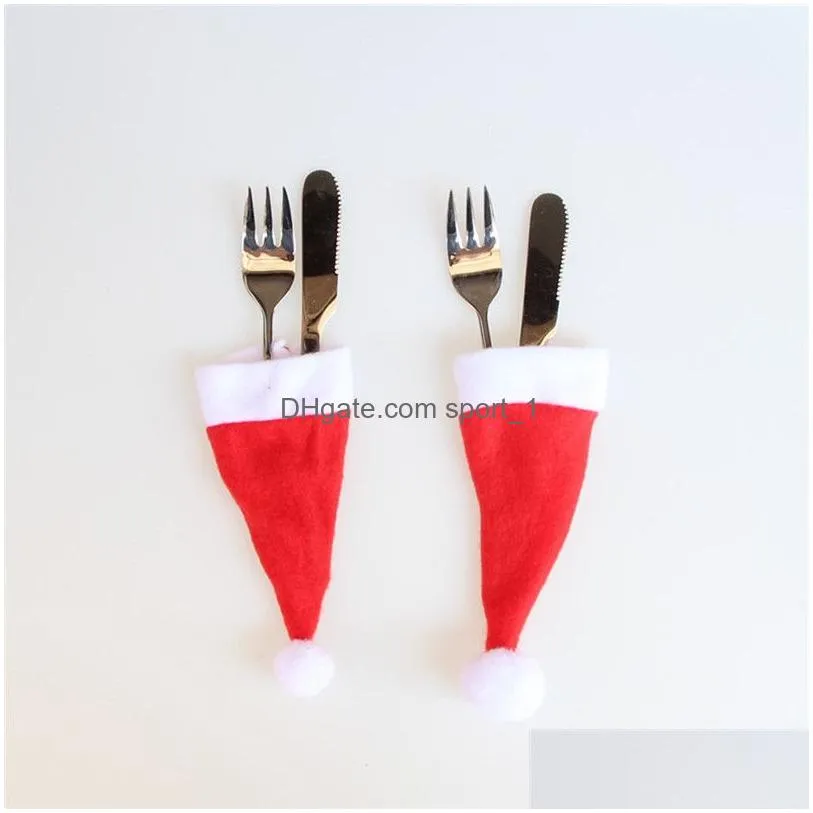 christmas decorative tableware knife fork set christmas hat 10pcs/lot christmas caps cutlery fork spoon holder packaging