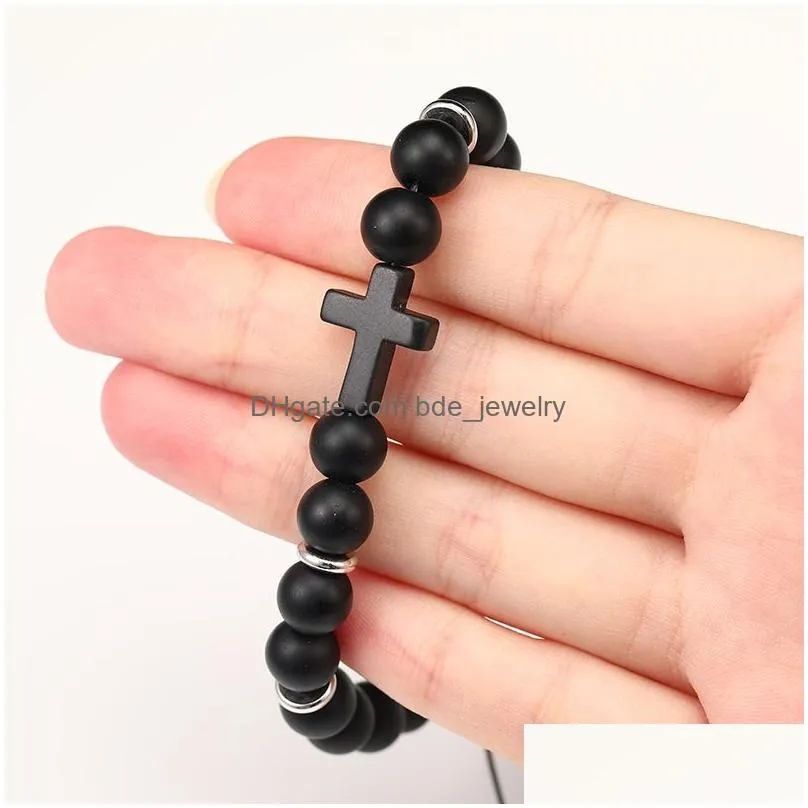 fashion mens natural stone bracelet cross charm bracelets black lava matte beaded bracelets handmade men women prayer fitness chain