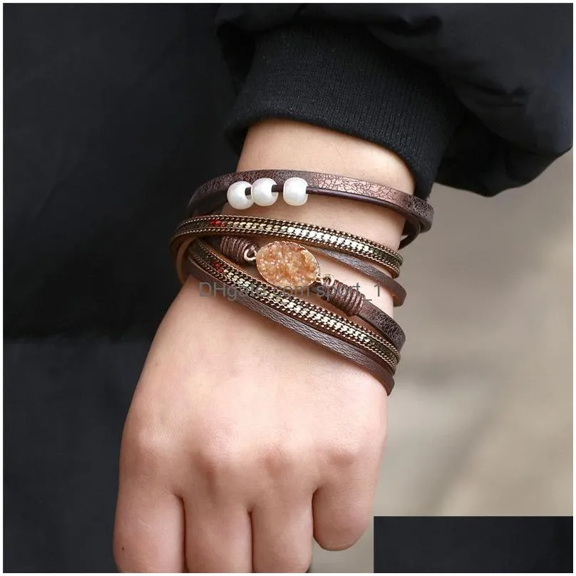fashion multilayer leather bracelet for women druzy resin stone bead wrap cuff bangle magnetic clasp bracelet handmade wristband