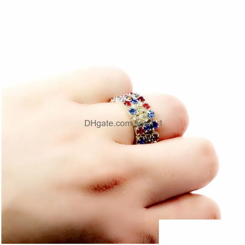fashion rows colorful crystal rhinestone adjustable rings sparkling shiny 3 rows elastic ring for women bridal wedding jewelry