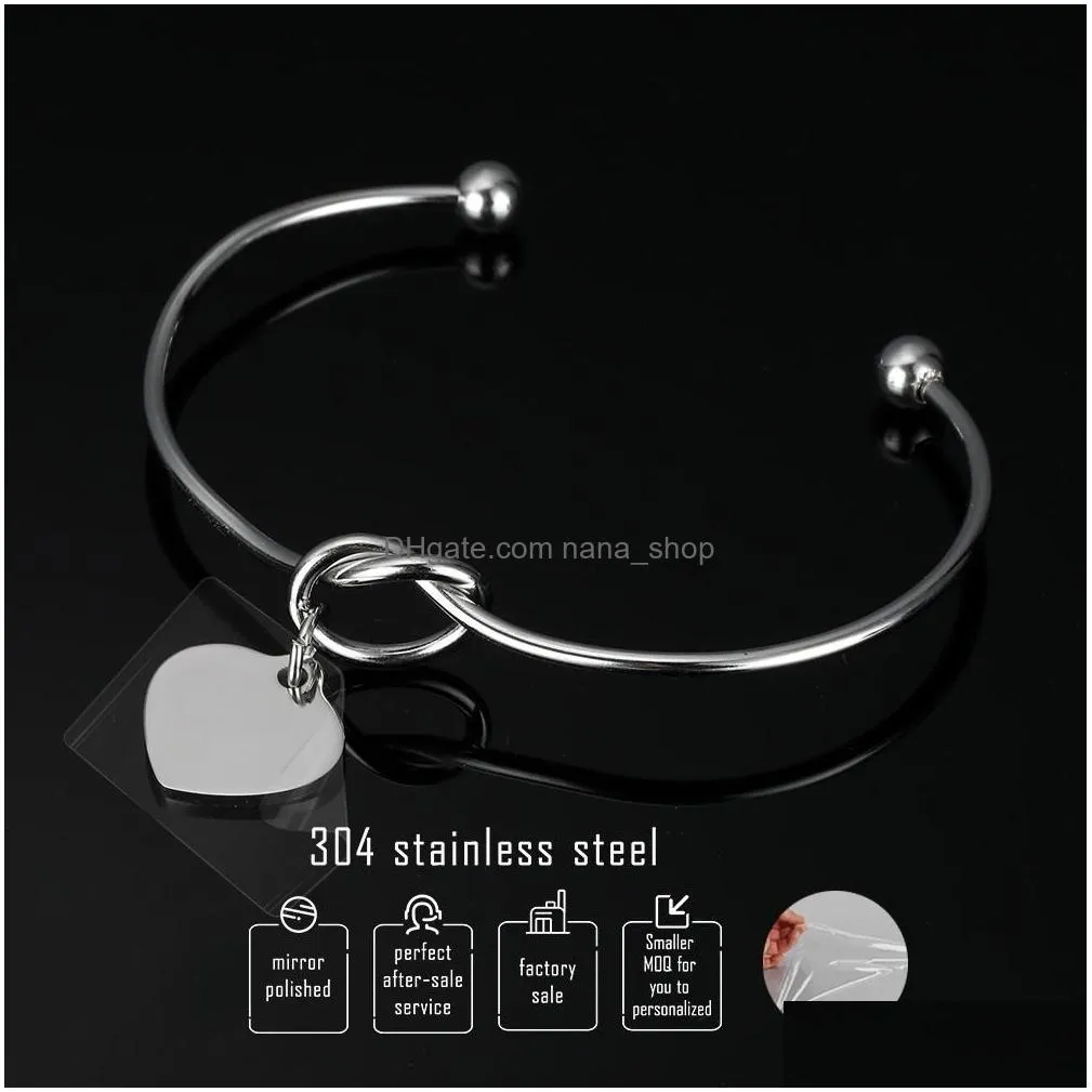 new stainless steel knot bracelets bangles high polished heart charm bracelet love bangles can engrave name diy jewelry for women