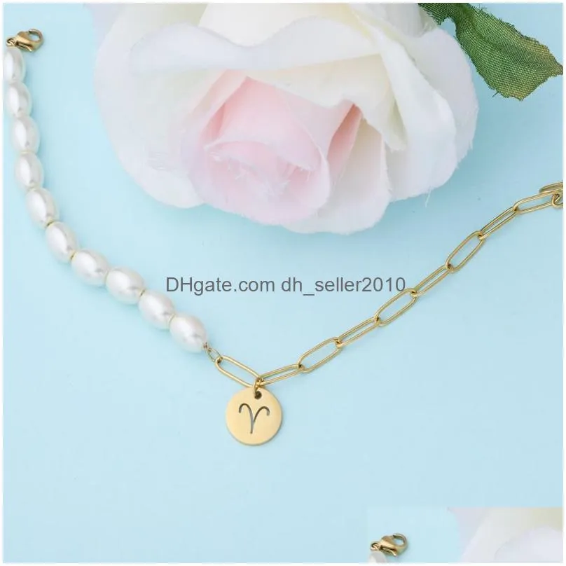 fashion gold coin zodiac sign bracelet gold link chain pearl bracelet for women girls jewelry