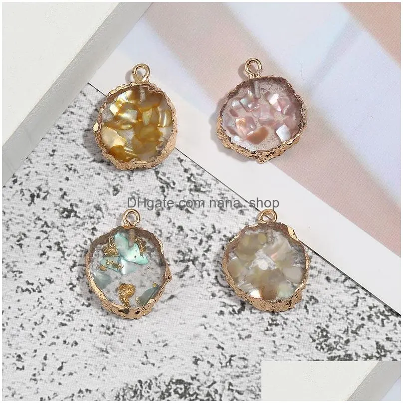 fashion resin round stone pendant charm natural gemstone shell sequins multi color pendant with gold plate diy jewelry making for