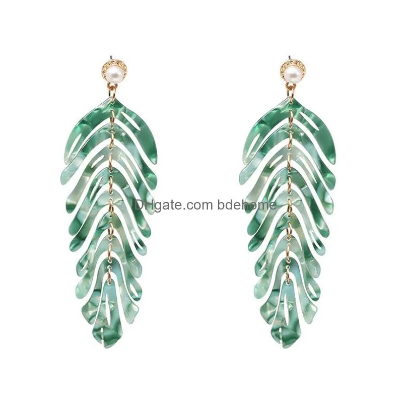 bohemia acrylic leaf dangle earrings for women girls long resin leaves drop earring summer beach jewelry party gifts