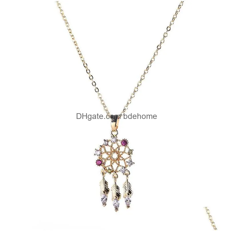 fashion dream catcher pendant necklace for women lady high quality colorful zircon feather charm necklace jewelry 2019