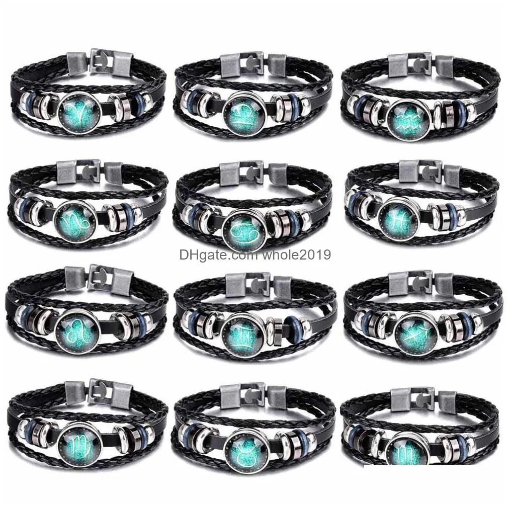 luminous zodiac leather bracelet glowinthedark 12 constellations punk style for men wholesale/dropship