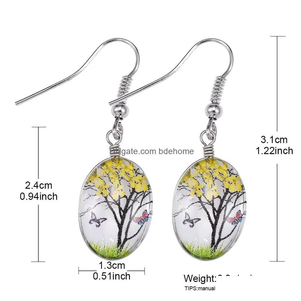fashion dry flower dangle earring fashion dried flowers earrings glass oval ball tree of life drop earing creative jewelry gift