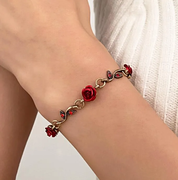 retro french red rose flower bracelet earrings pendant necklace set for female women ladies girls personality earring popular