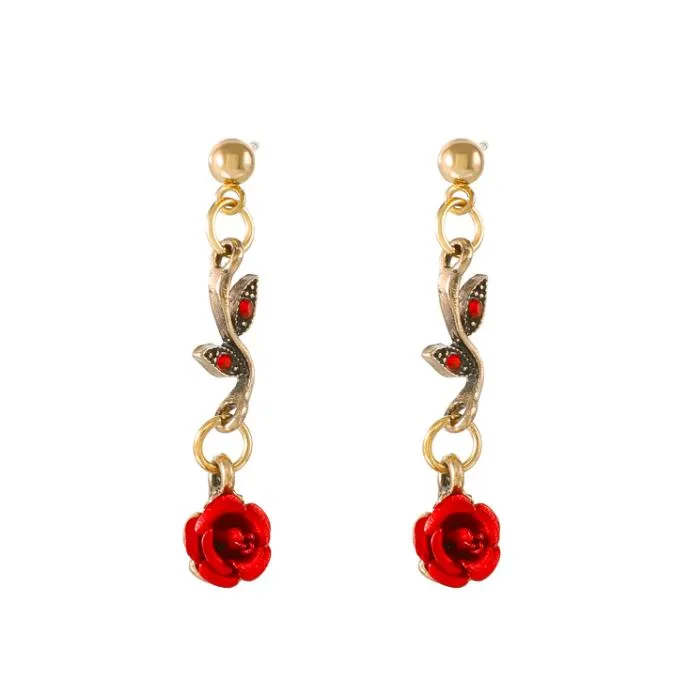 retro french red rose flower bracelet earrings pendant necklace set for female women ladies girls personality earring popular