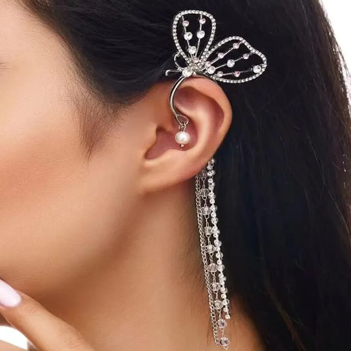 crystal tassel butterfly single ear bone clip womens frosty long pearl earrings for women girls ladies popular design gift