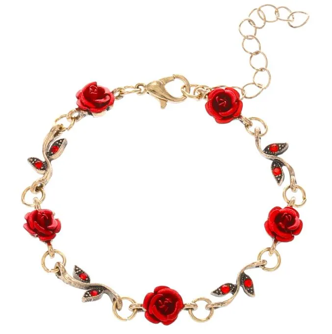 retro french red rose flower bracelet earrings pendant necklace set for female women ladies girls personality earring popular